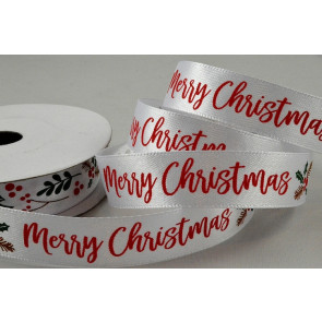 55115  - 15mm White Merry Christmas Holly & Berries Ribbon x 10 Metre Rolls!