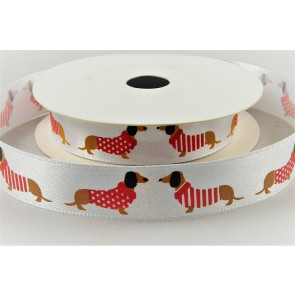 55130 - 15mm White satin ribbon with a colourful printed fancy DOG design x 10mts.  