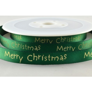 54113 - 10mm Green Merry Christmas Satin Print (20 Metres)
