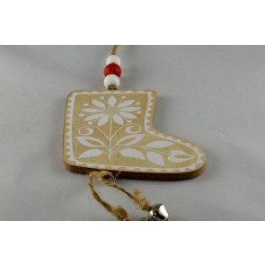 Y794- Wooden Multi Coloured Santa Boot with Loop (1 Piece)-9cm x 7.5cm-54 Beige & White-1 Piece